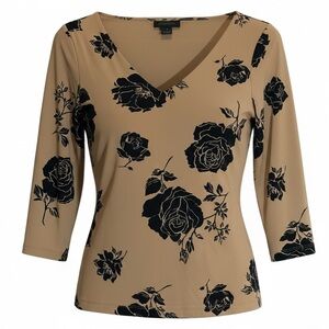 The Limited Tan and Black Floral V-Neck Top